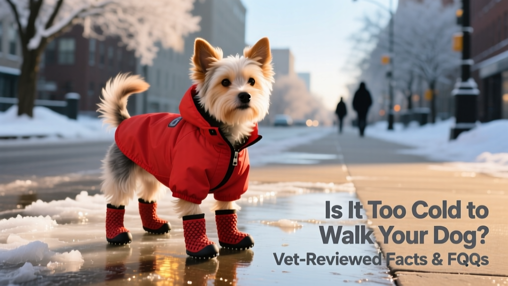 A small dog wearing a waterproof winter coat and booties, standing confidently on icy pavement