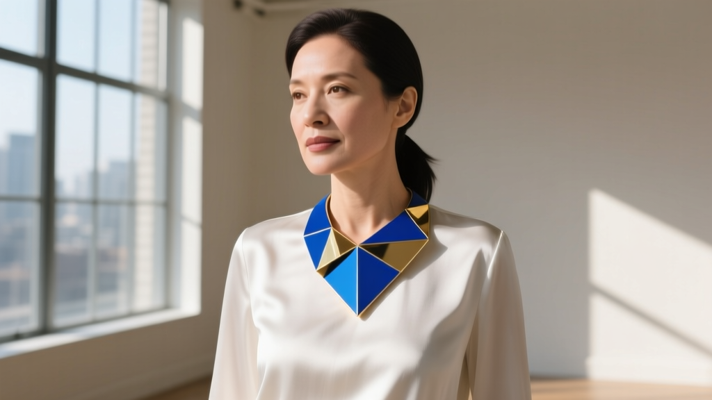 Journalist wearing a bold, oversized cobalt blue and gold geometric statement necklace over a crisp white silk blouse