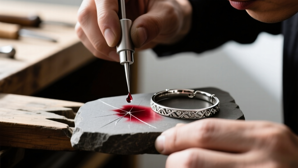 A jeweler applying a drop of silver testing acid to a scratch stone next to a silver bracelet, showing a dark red reaction color.