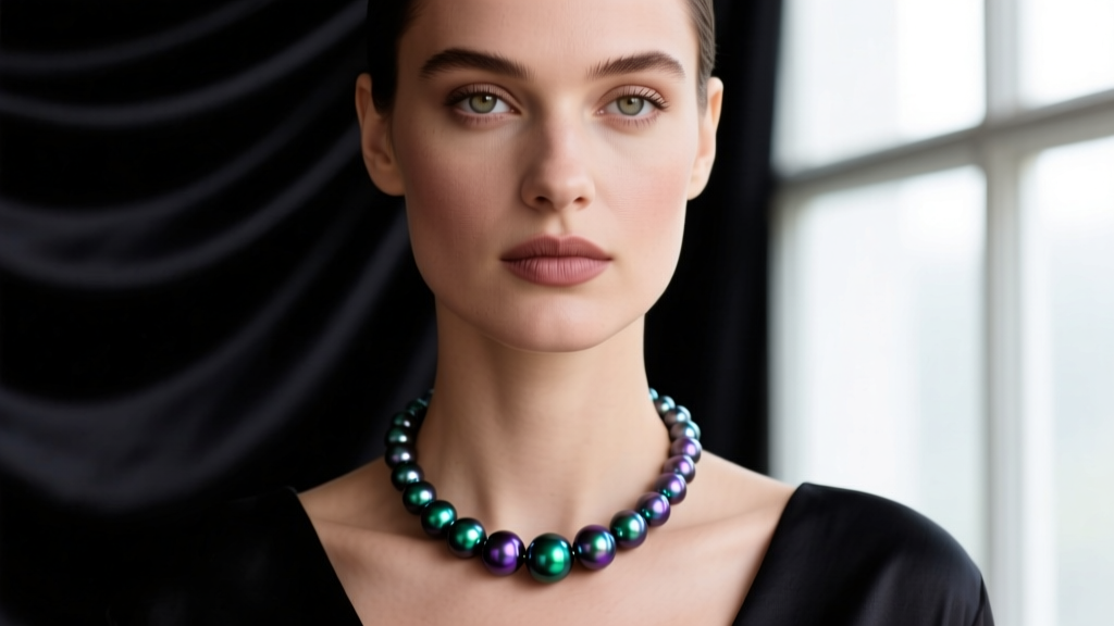Close-up of a model wearing a 10mm Tahitian dark pearl necklace with peacock overtones against a matte black silk backdrop