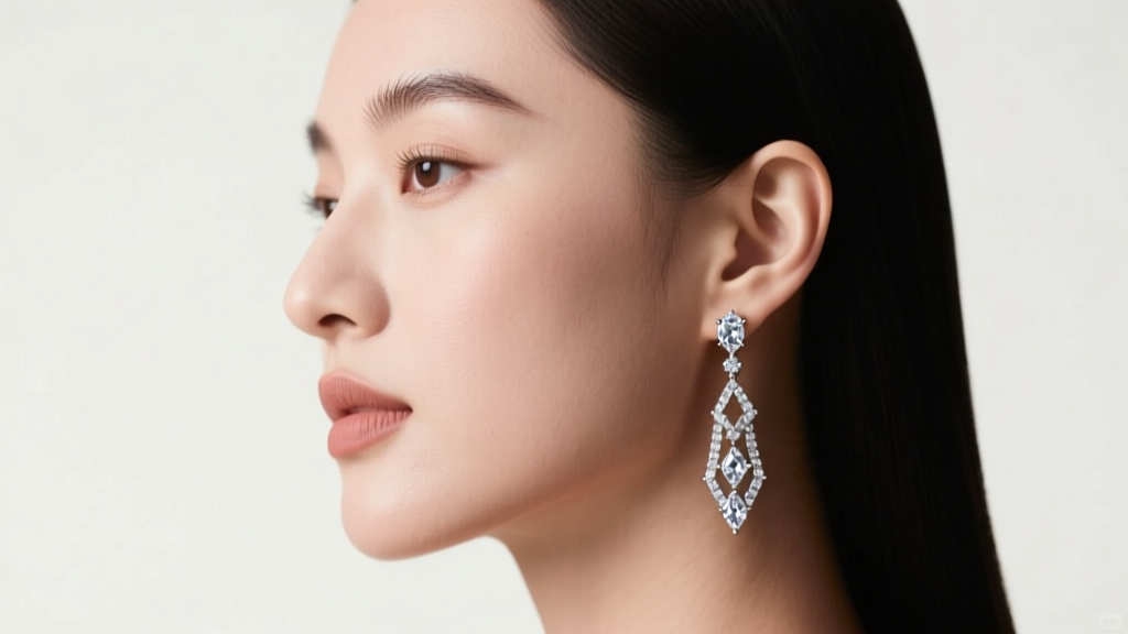 Side profile of a woman with an oval face wearing elongated diamond dauplaise drop earrings, illuminated by soft studio lighting.