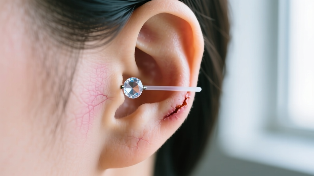 Close-up of a healed earlobe wearing a lightweight PTFE bioplast retainer with a glass gem, showing post-surgery recovery jewelry.