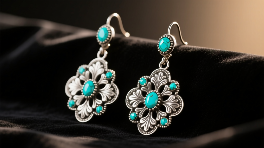 Vintage Mexican silver dangle earrings with floral repousse motifs and turquoise stones on dark velvet under warm studio lighting.