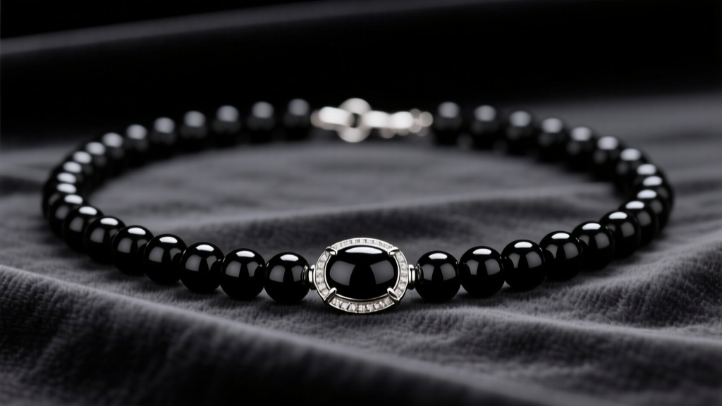 Flat lay of a 6mm black onyx bead necklace with a sterling silver clasp on dark velvet, illuminated by soft studio lighting.