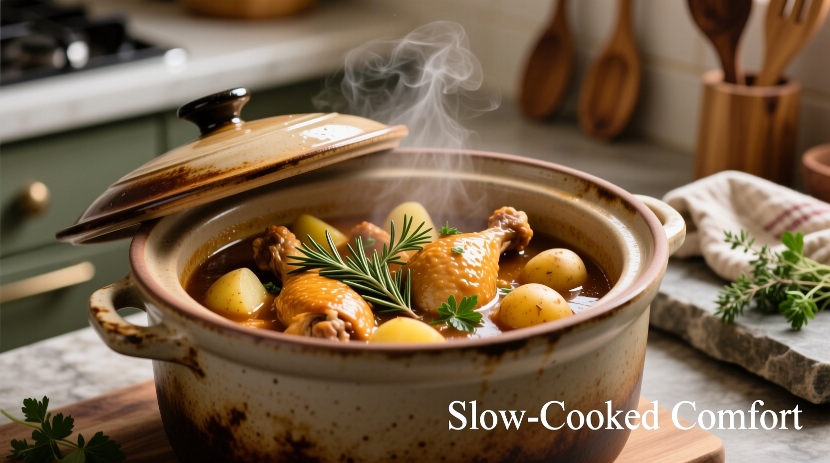 Chicken and potatoes in crock pot with herbs