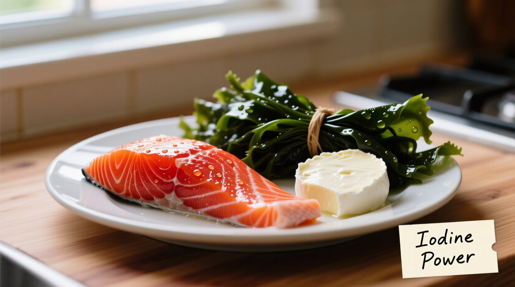 Colorful plate of iodine-rich foods including fish, dairy, and seaweed