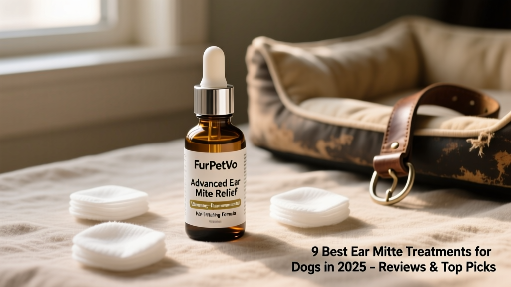 Bottle of FurPetVo Advanced Ear Mite Relief with dropper applicator beside clean cotton pads