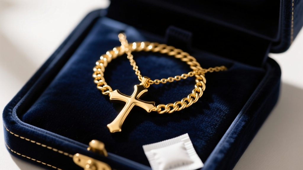 A polished gold cross necklace neatly coiled inside a dark velvet jewelry box alongside a small anti-tarnish silica strip.