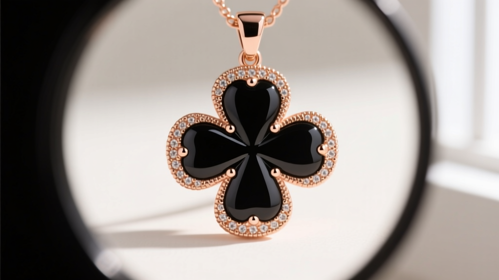 Loupe view of a rose gold clover pendant showing the precise milgrain bezel edge securing a polished black onyx inlay