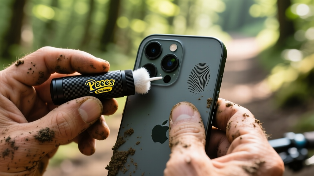 Hands using the Peeps carbon lens cleaner gadget on a smudged smartphone camera lens after a muddy mountain bike ride.
