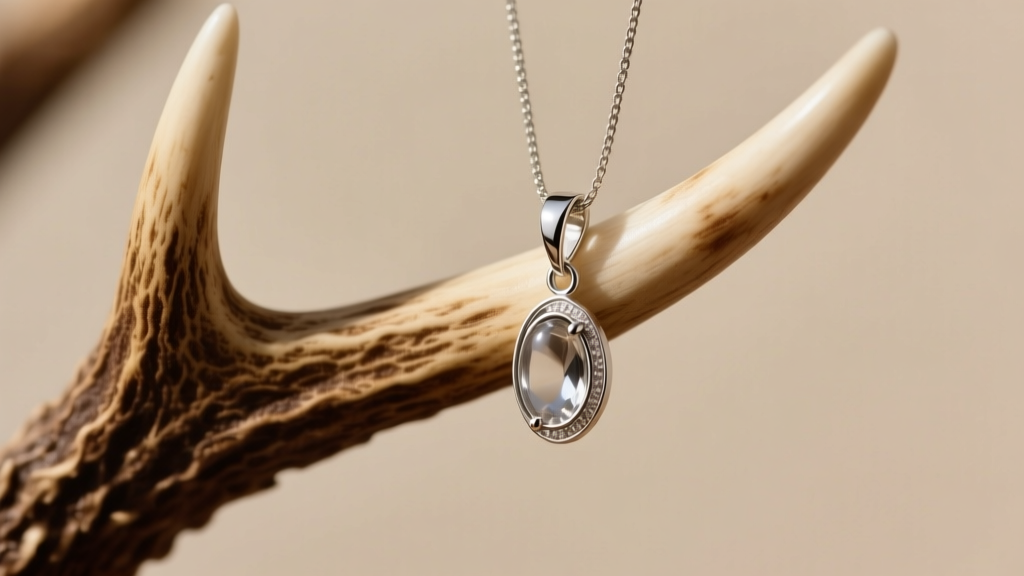 Sanded antler tine showing a silver pendant hanging securely with no snags or rough spots on the natural bone surface texture