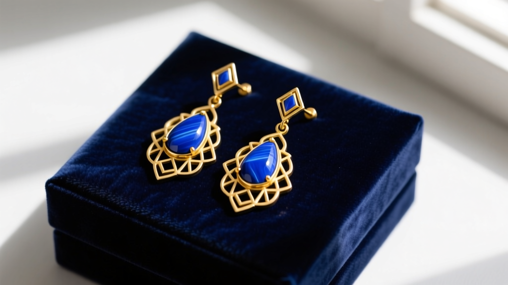 Elegant flat lay of 1920s Art Deco vintage lapis lazuli drop earrings in 14k yellow gold resting on dark navy velvet gift box