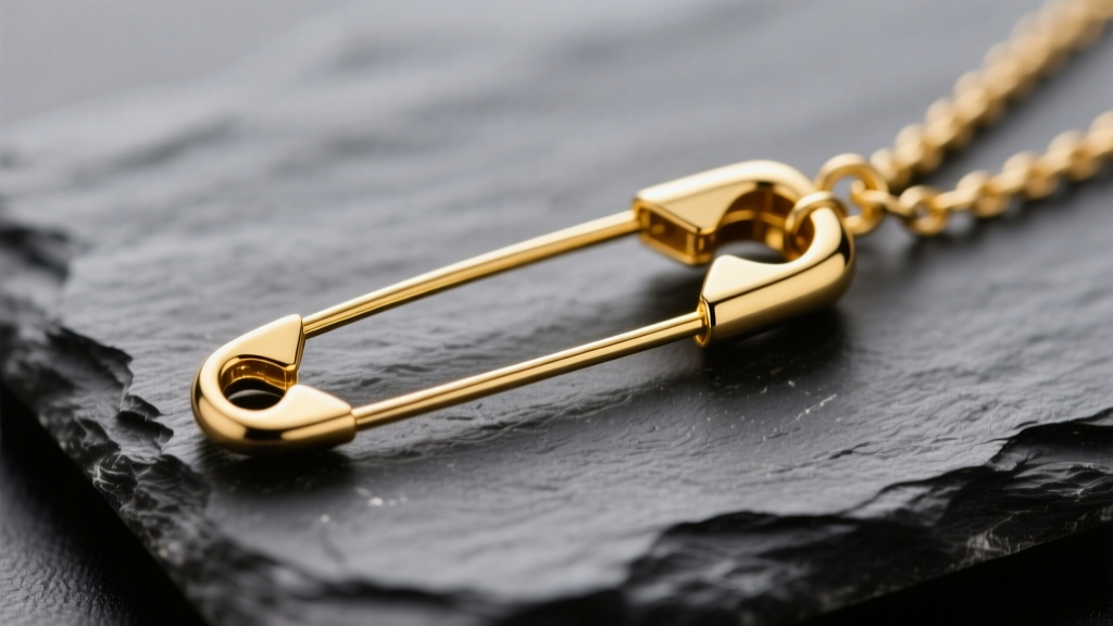 Close-up of a 14k yellow gold safety pin pendant on dark slate, highlighting the hinged stem and C-clasp under soft light.