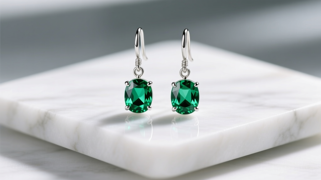 Freshly polished sterling silver drop earrings with vibrant green tsavorite garnets, displayed on a bright white marble slab
