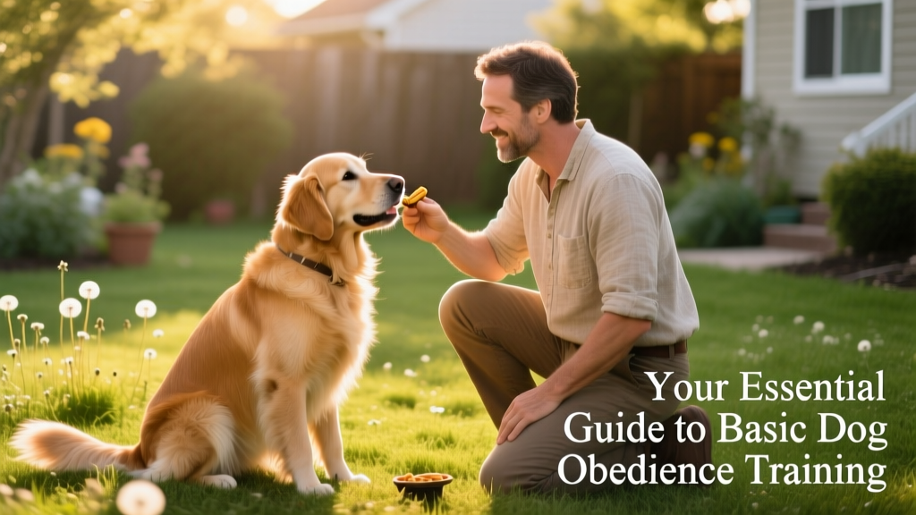 A trainer gently rewarding a dog with a treat during a 'sit' command session outdoors