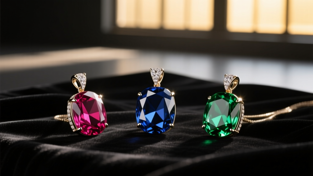 Three replica Dazzlings pendants in ruby, sapphire, and emerald resting on dark velvet under dramatic, moody studio lighting.
