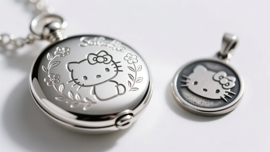 Macro view of a real Sanrio silver locket with clean laser engraving next to a fake pendant with blurred, shallow metal stamping