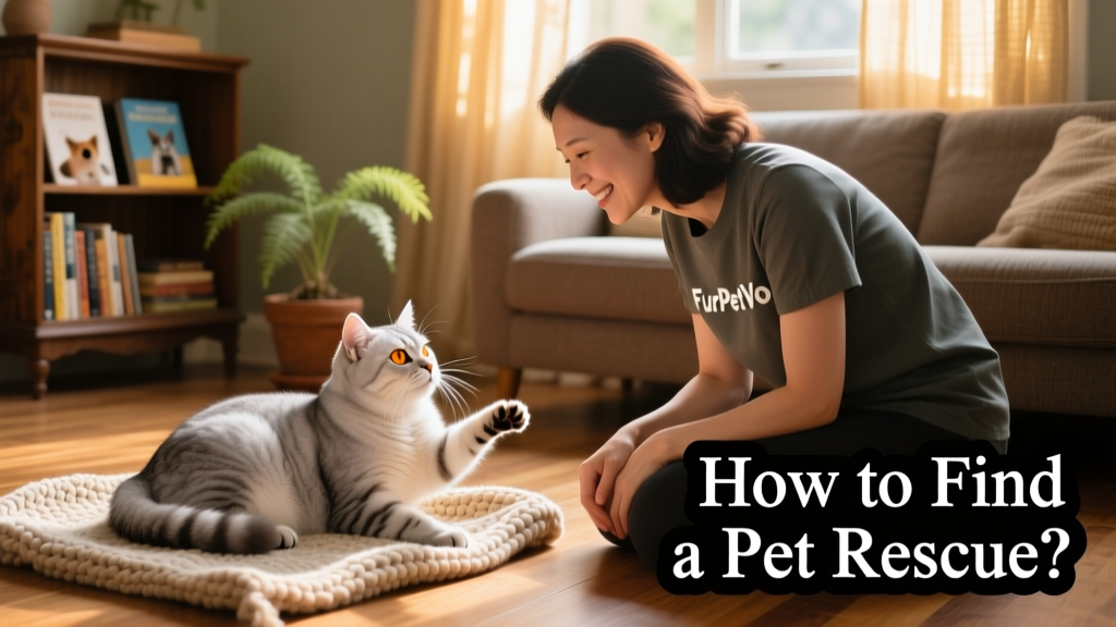 A FurPetVo volunteer conducting a calm, supportive meet-and-greet between an adopter and a gentle senior cat in a quiet, cozy room