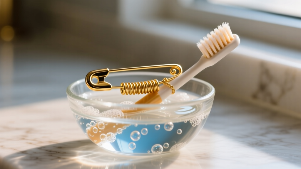 Soft toothbrush gently scrubbing the coiled spring of a gold safety pin necklace submerged in a small glass bowl of soapy water.