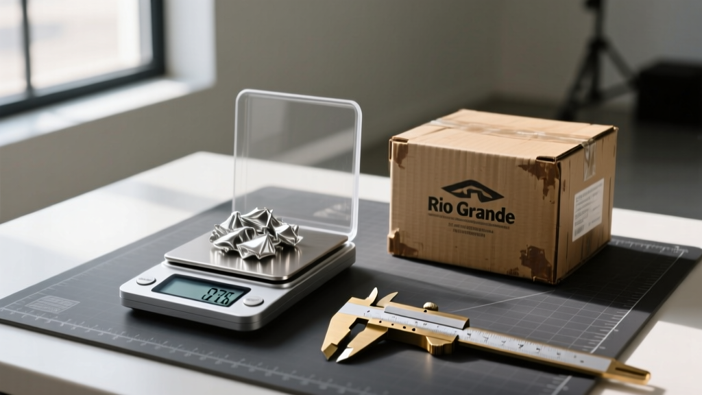 Digital scale weighing sterling silver scrap next to a Rio Grande shipping box and a brass caliper on a dark cutting mat