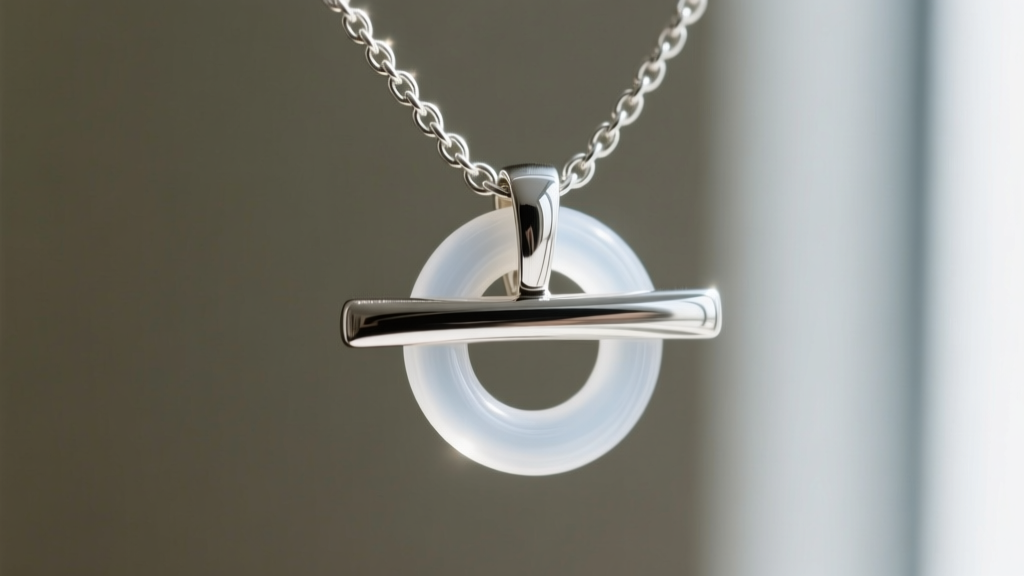 Macro photo of a clear silicone o-ring on a silver chain behind a horizontal cross bail to stop the pendant from sliding.