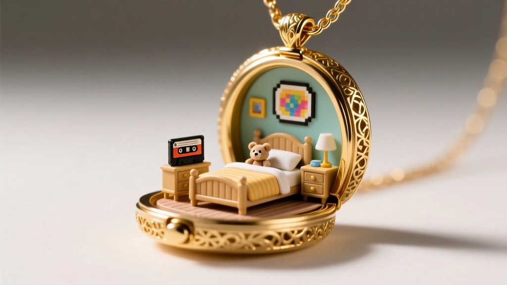 Gold-plated brass locket necklace opened to show a tiny resin bedroom scene inspired by 90s toys, under soft studio lighting.