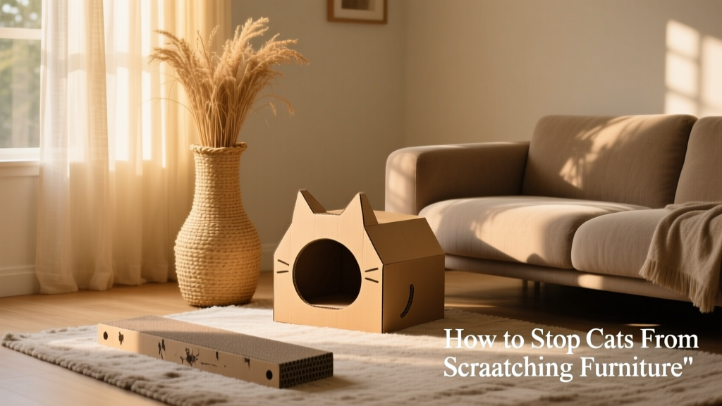 A curated setup: a tall sisal post, a cardboard lounge, and a horizontal scratch pad arranged near a living room seating area
