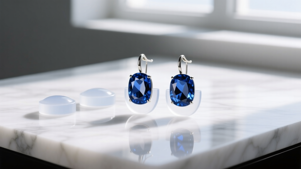 Small clear silicone pads placed next to heavy sapphire leverback earrings on a white marble surface to show scale and contrast