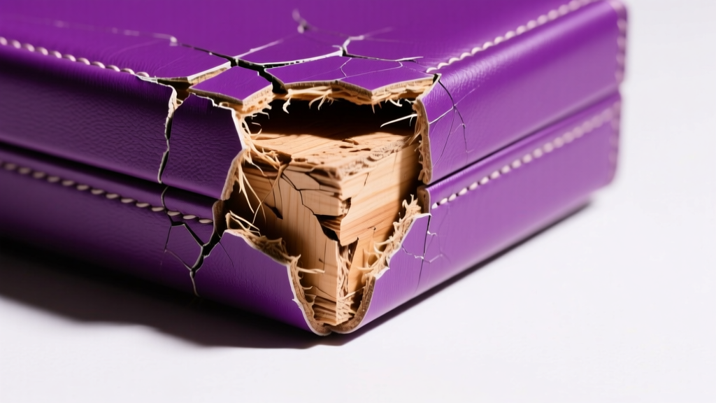 Close-up of a purple vegan leather jewelry box corner showing peeling failure and exposed MDF board under bright studio lighting.