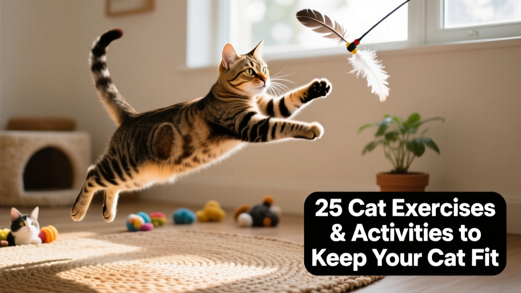 A tabby cat leaping mid-air toward a feather wand toy