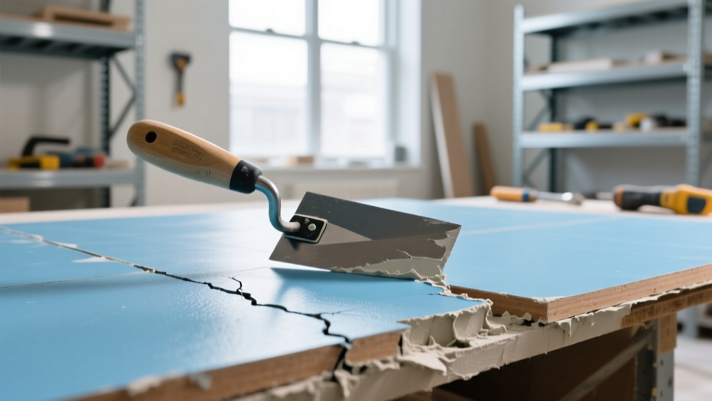 Trowel smoothing wet veneer plaster over blue gypsum board, revealing a repaired crack in a brightly lit renovation workshop.