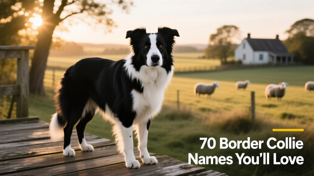 A sleek black-and-white Border Collie posing confidently on a wooden deck, highlighting its classic coat pattern and intelligent gaze