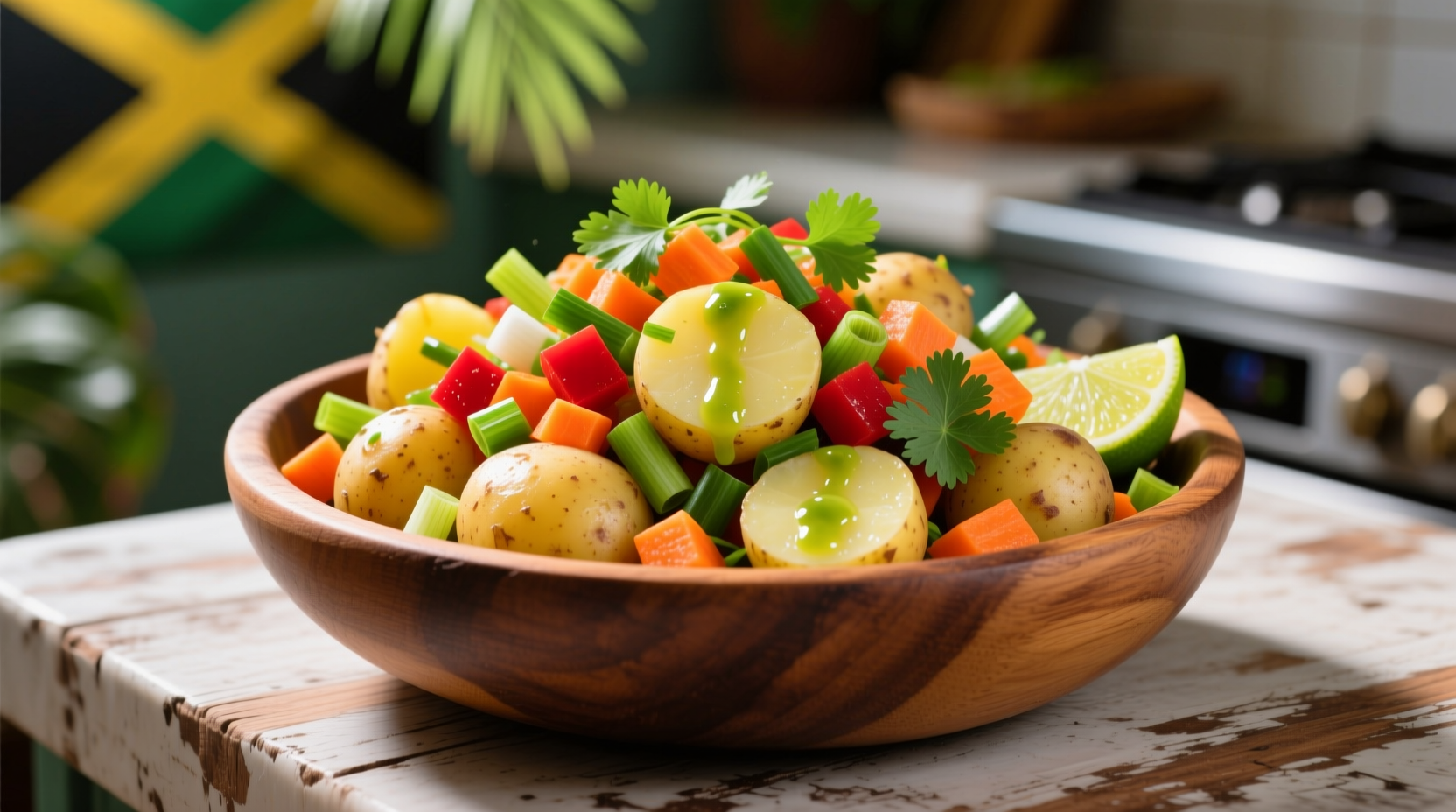 Colorful Jamaican potato salad with visible scallions and carrots