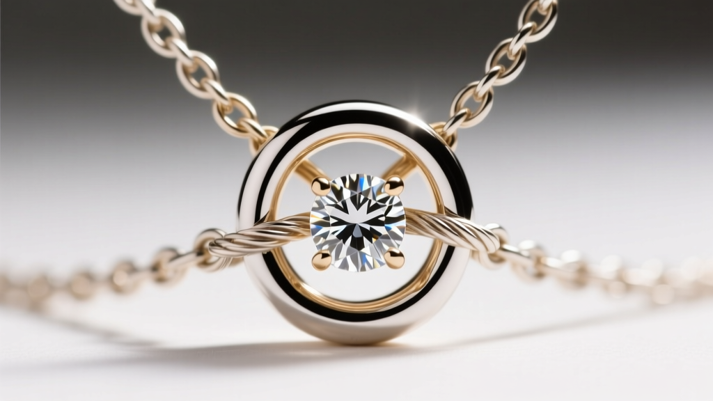 Macro view of a tangled 0.9mm cable chain caught inside the lower loop of a white gold B diamond pendant under bright lighting.
