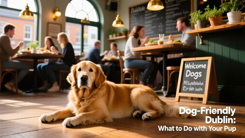 A relaxed dog lying on the floor of a bustling restaurant with diners around