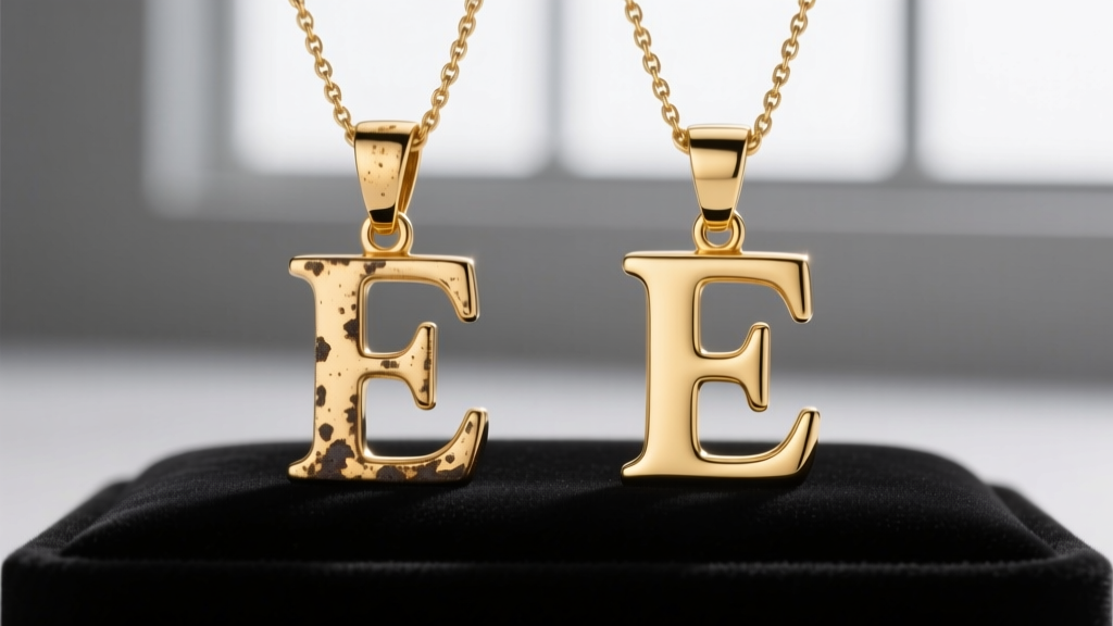 Comparison of a slightly tarnished gold vermeil initial pendant and a bright 14k solid gold initial pendant under studio lighting.