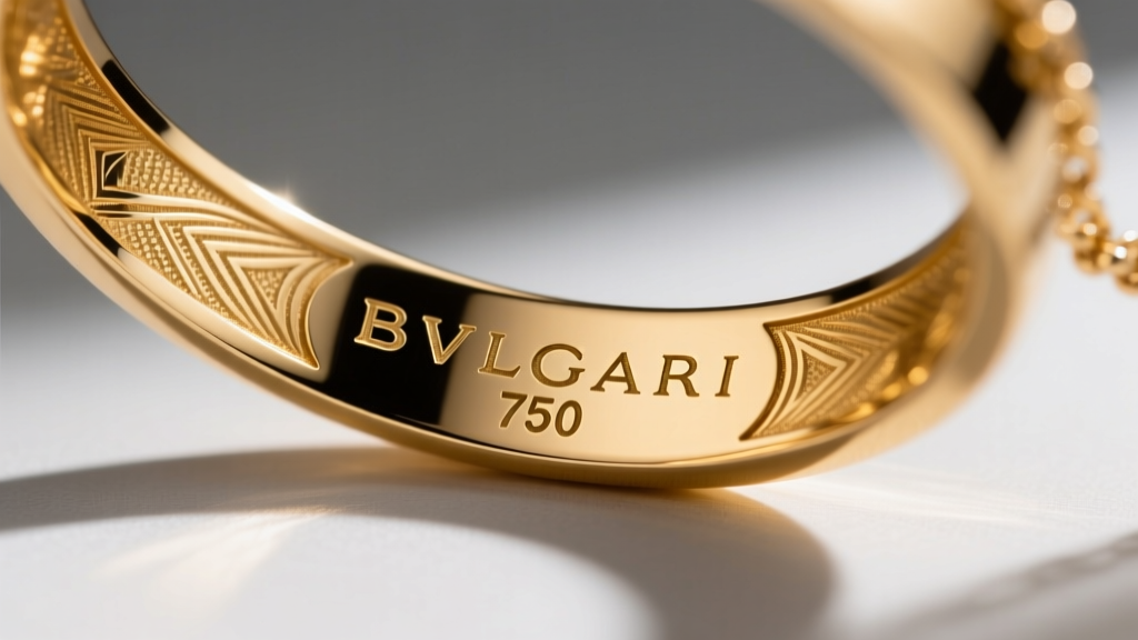 Macro shot of crisp laser engraving showing the BVLGARI logo and 750 stamp on the inner band of a genuine 18k gold necklace