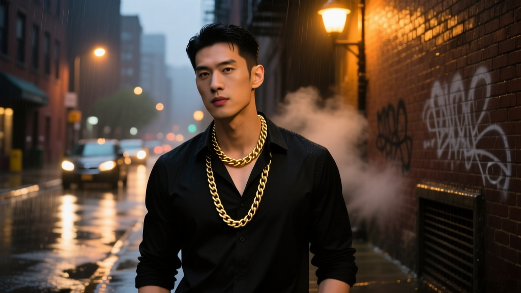 Man in black shirt wearing a layered 5mm gold rope chain and 10mm Cuban link, shot in moody, cinematic urban evening street light.