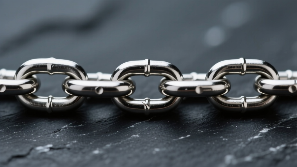 Macro shot of a 1.5mm stainless steel curb chain link showing interlocking joints and polished finish on dark slate
