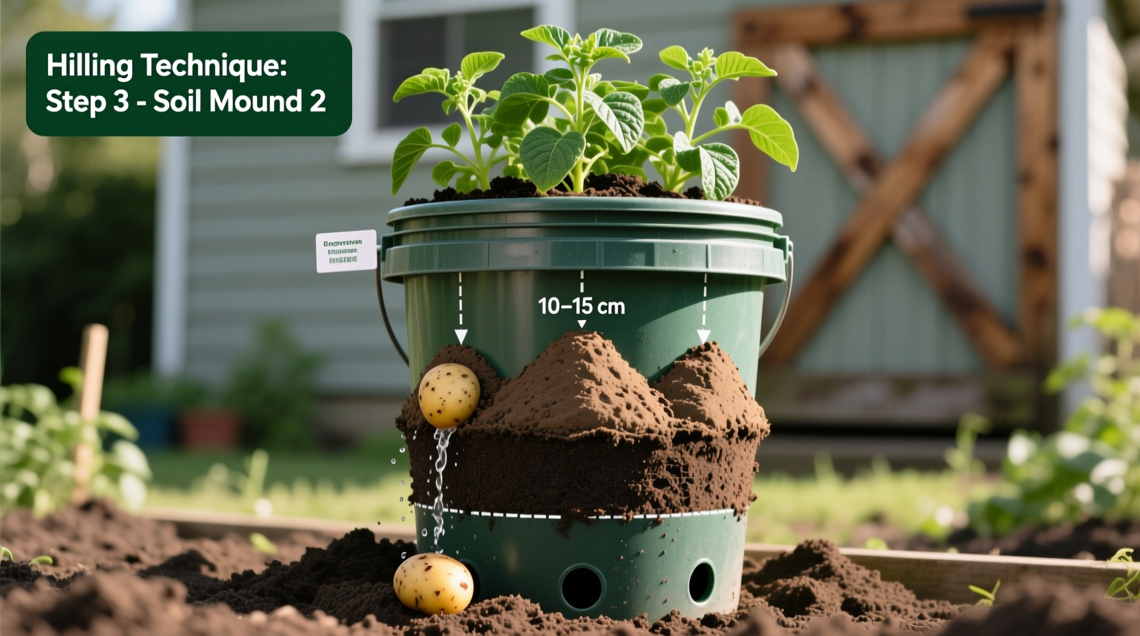 Potato bucket growing system with proper hilling technique