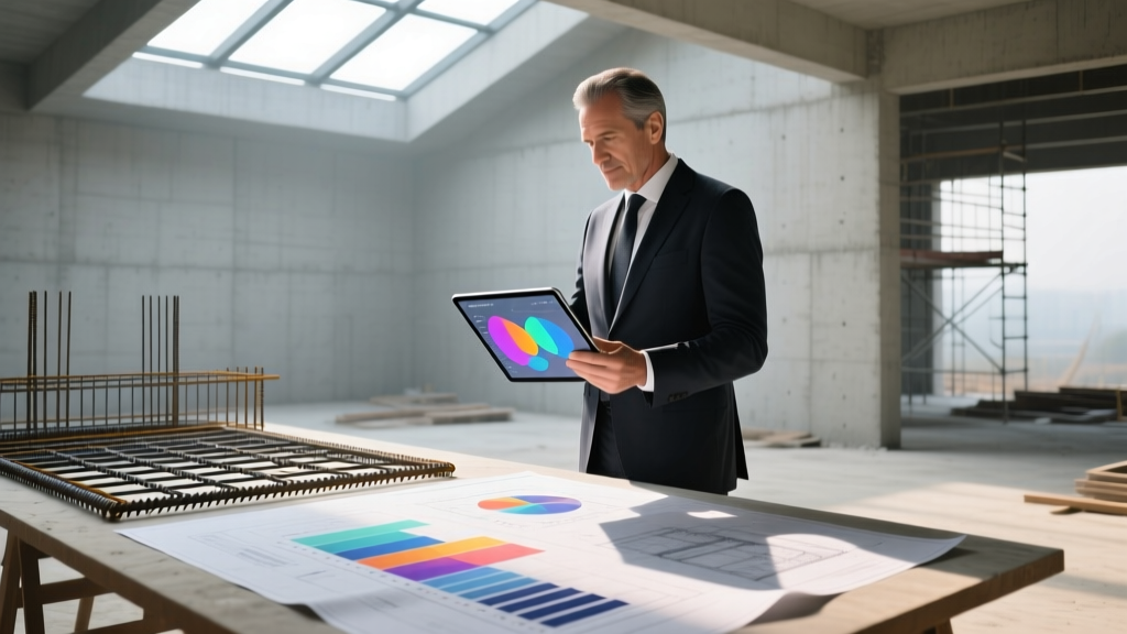 Architect reviewing abstract conceptual budget charts on a tablet while standing over detailed concrete rebar and formwork blueprints on a site table
