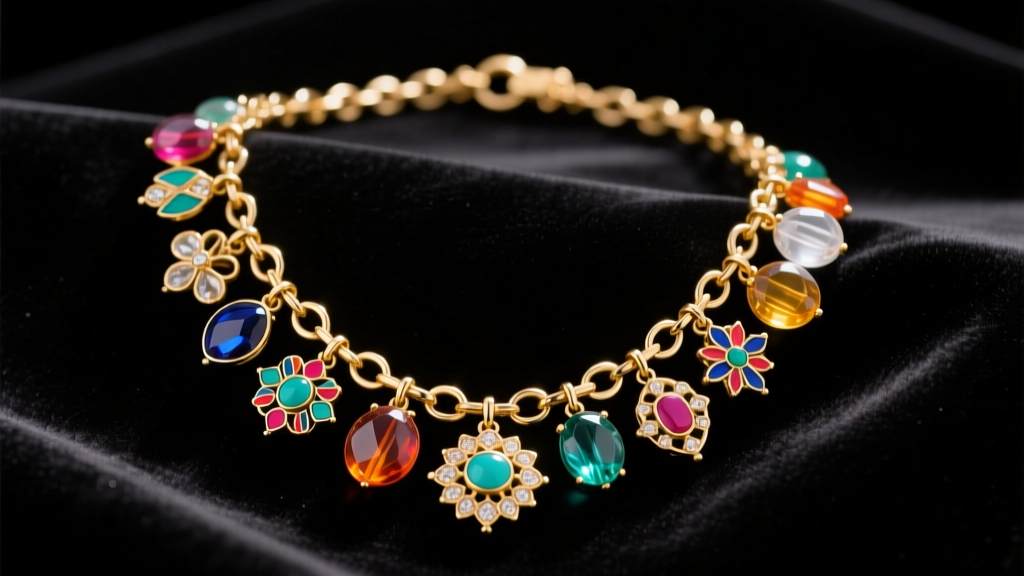 Vintage 1980s gold-tone charm necklace draped on black velvet, featuring lucite and enamel charms under soft studio lighting