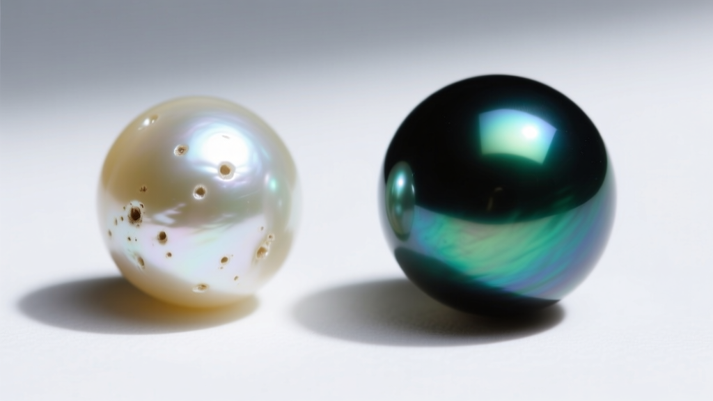 Macro comparison of a blemished low-grade freshwater pearl next to a flawless round Tahitian black pearl with deep green overtones