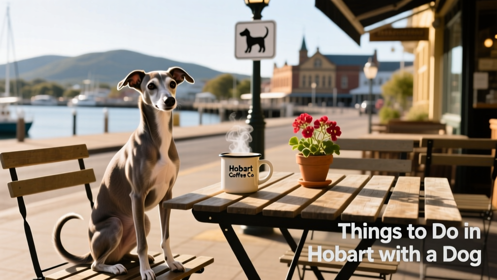 A friendly Italian Greyhound sitting beside a table at an outdoor café in Hobart