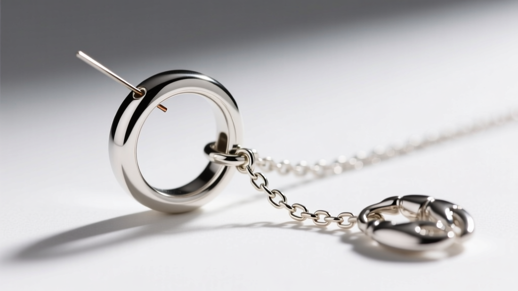 Close-up of a soldered jump ring connecting a silver circle charm to a delicate 1mm box chain, showing a secure lobster clasp.