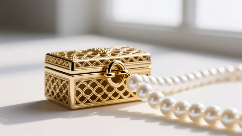 Detailed view of an open 14k white gold filigree box clasp with a figure-eight safety catch being attached to a strand of knotted white silk pearls