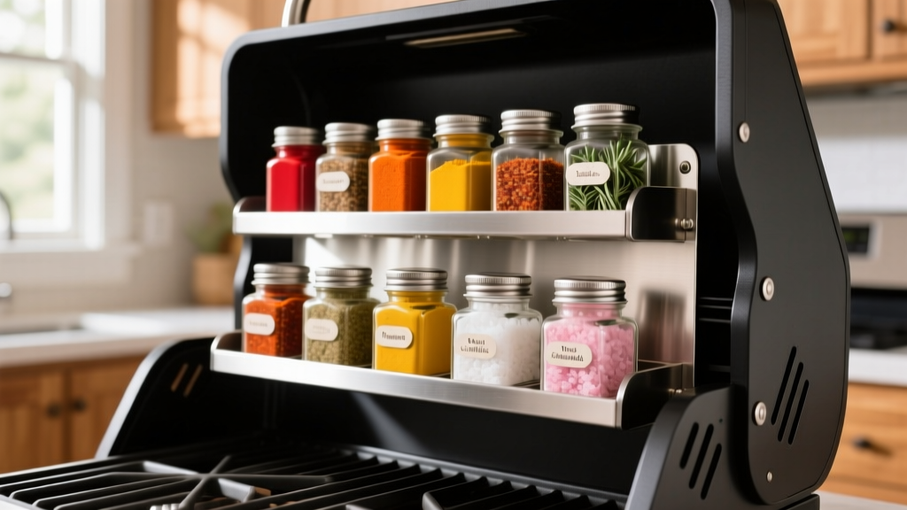 Magnetic stainless steel spice rack mounted on the side panel of a black kettle grill with various colorful rubs and salts.