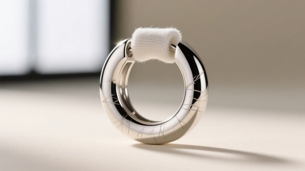 Sterling silver huggie earring polished with a silver cloth, contrasting dull and bright metal areas in a close-up macro view.