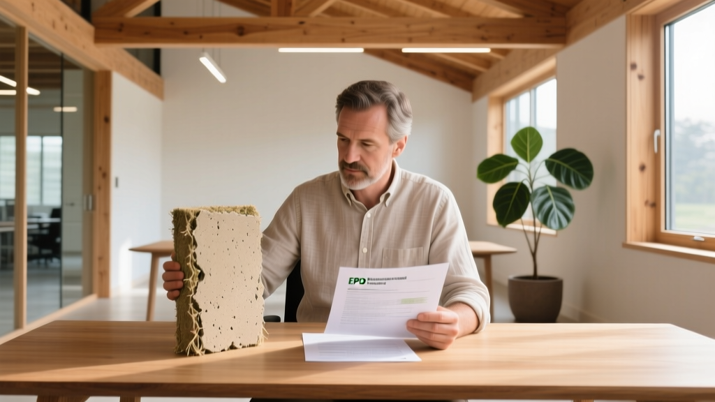 Architect reviewing EPD documents while holding a sample of hempcrete insulation in a bright, modern timber-frame office space