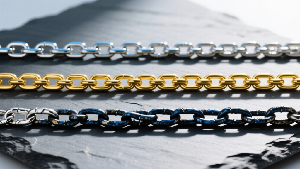 Three chains on slate: argentium silver, yellow gold vermeil, and oxidized sterling silver showing distinct metal finishes.